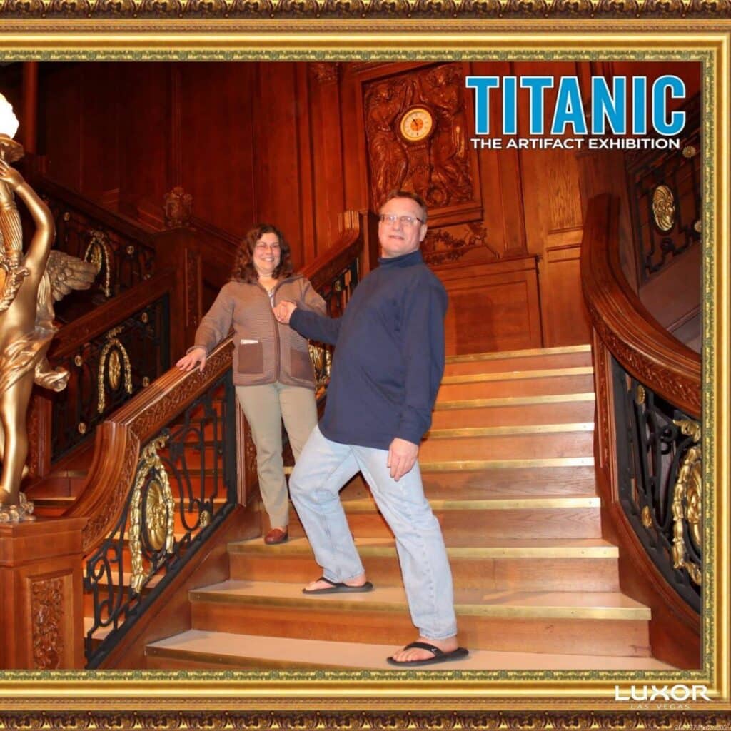 Paul and Julie descending the Titanic's staircase in Las Vegas