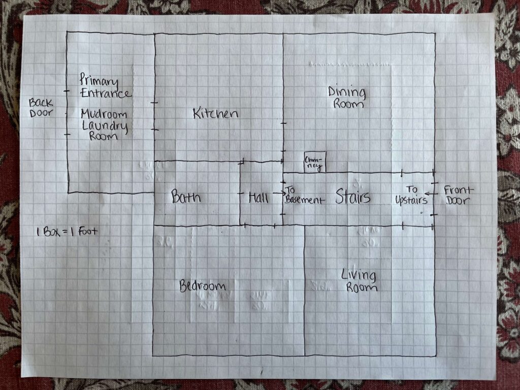 Floor plan with load bearing wall between dining room and kitchen.