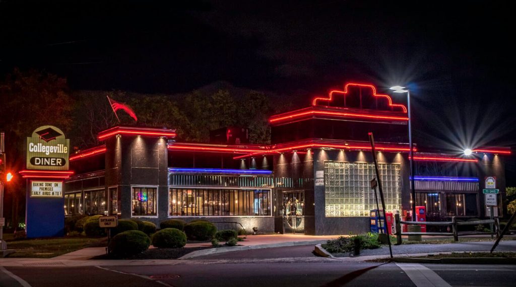 Exterior of the Collegeville Diner at night in Collegeville, PA