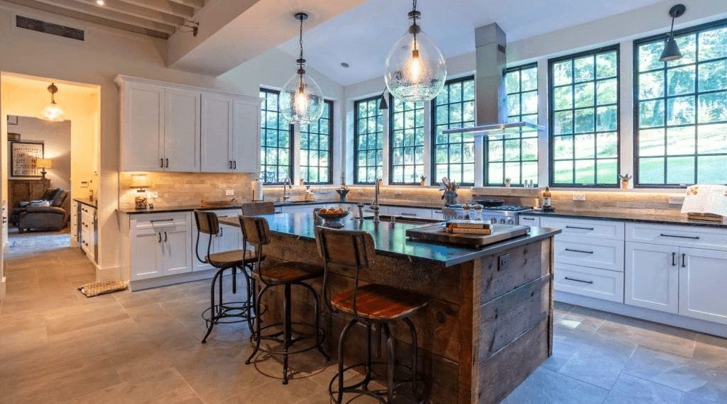 Rustic kitchen island with bar seating in Villanova, PA.